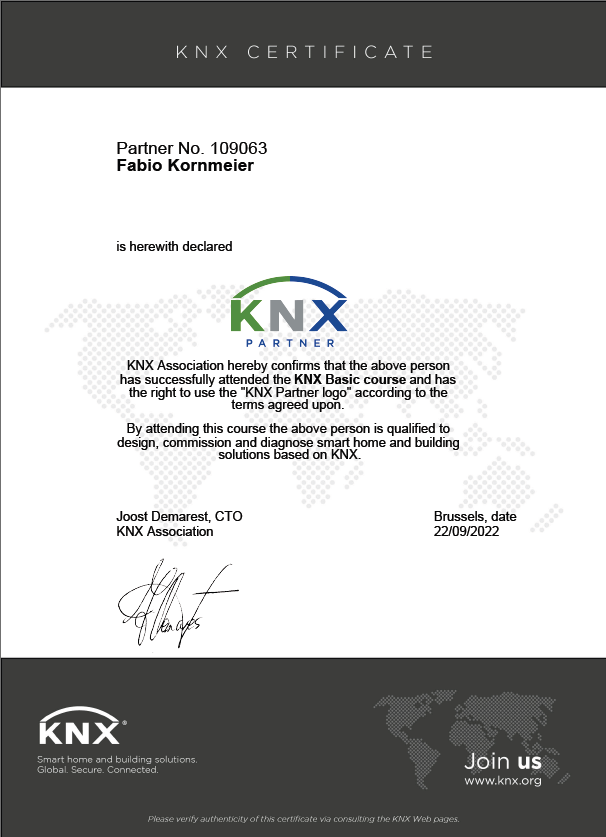 KNX Zertifikat von Elektro Kornmeier – offizieller Partner für zertifizierte Gebäudeautomation und Smart Home Lösungen